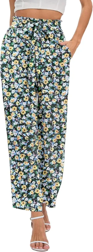NILOUFO Women's Casual Wide Leg Pants High Waisted Lightweight Loose Long Trousers with Pockets Adjustable Tie Knot