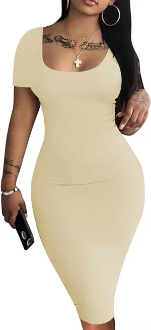 Nimsruc Womens Summer Casual Sexy Short Sleeve Bodycon Dress Basic Pencil Midi Club Dresses