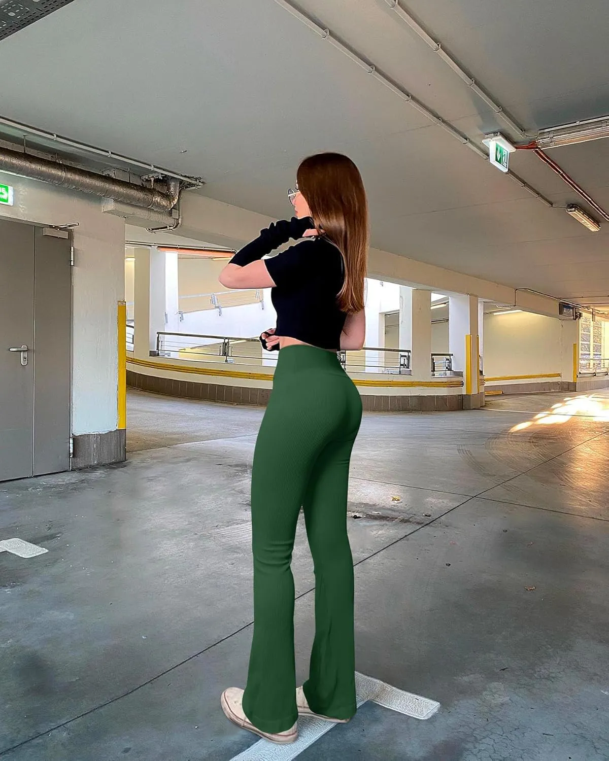 OQQ Women's 2 Piece Yoga Pants Ribbed Seamless Workout High Waist Cross Over Bell Bottoms Exercise Flare Leggings