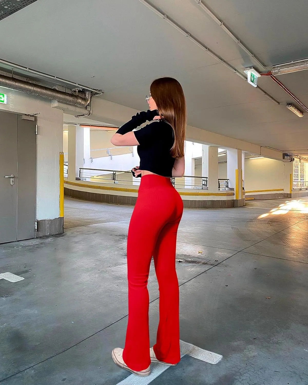 OQQ Women's 2 Piece Yoga Pants Ribbed Seamless Workout High Waist Cross Over Bell Bottoms Exercise Flare Leggings
