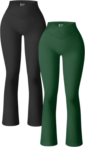 OQQ Women's 2 Piece Yoga Pants Ribbed Seamless Workout High Waist Cross Over Bell Bottoms Exercise Flare Leggings