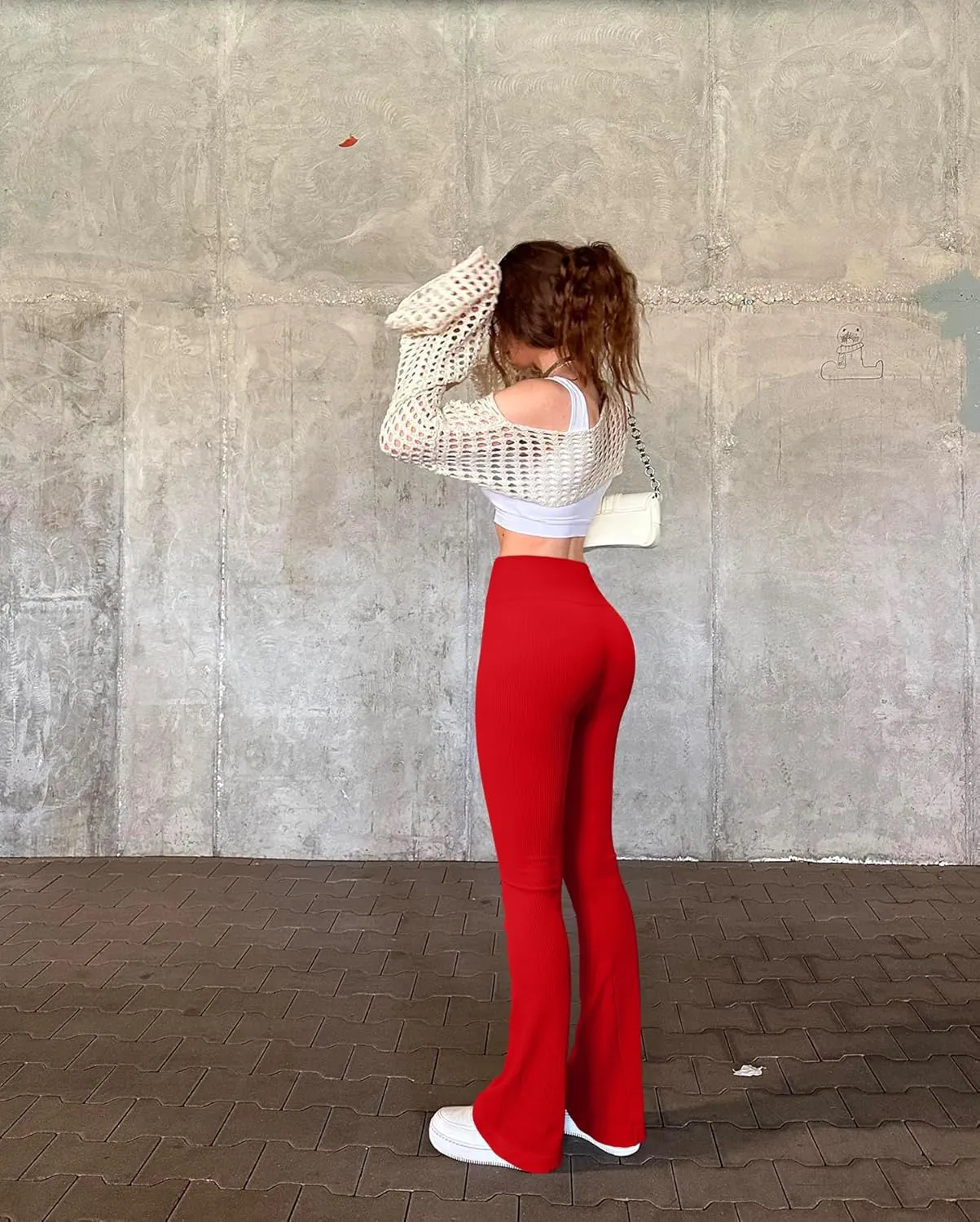 OQQ Women's 2 Piece Yoga Pants Ribbed Seamless Workout High Waist Cross Over Bell Bottoms Exercise Flare Leggings