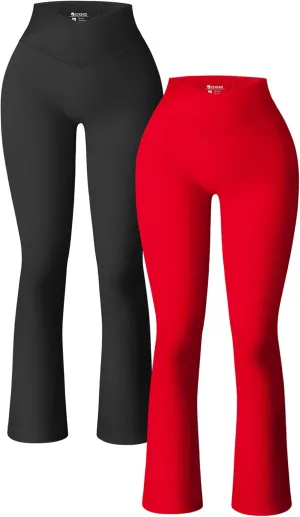 OQQ Women's 2 Piece Yoga Pants Ribbed Seamless Workout High Waist Cross Over Bell Bottoms Exercise Flare Leggings