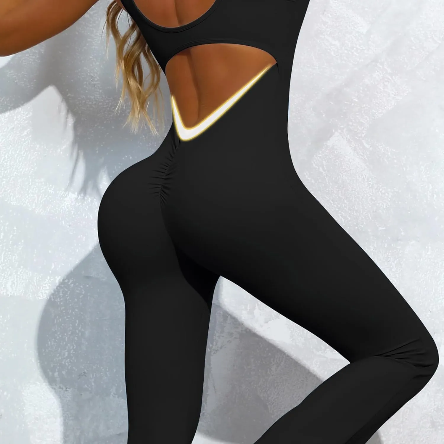 OVESPORT Workout Flare Jumpsuits Women Sexy Scrunch Butt Yoga Romper Backless Gym Bodycon V Back Seamless Unitard Playsuit
