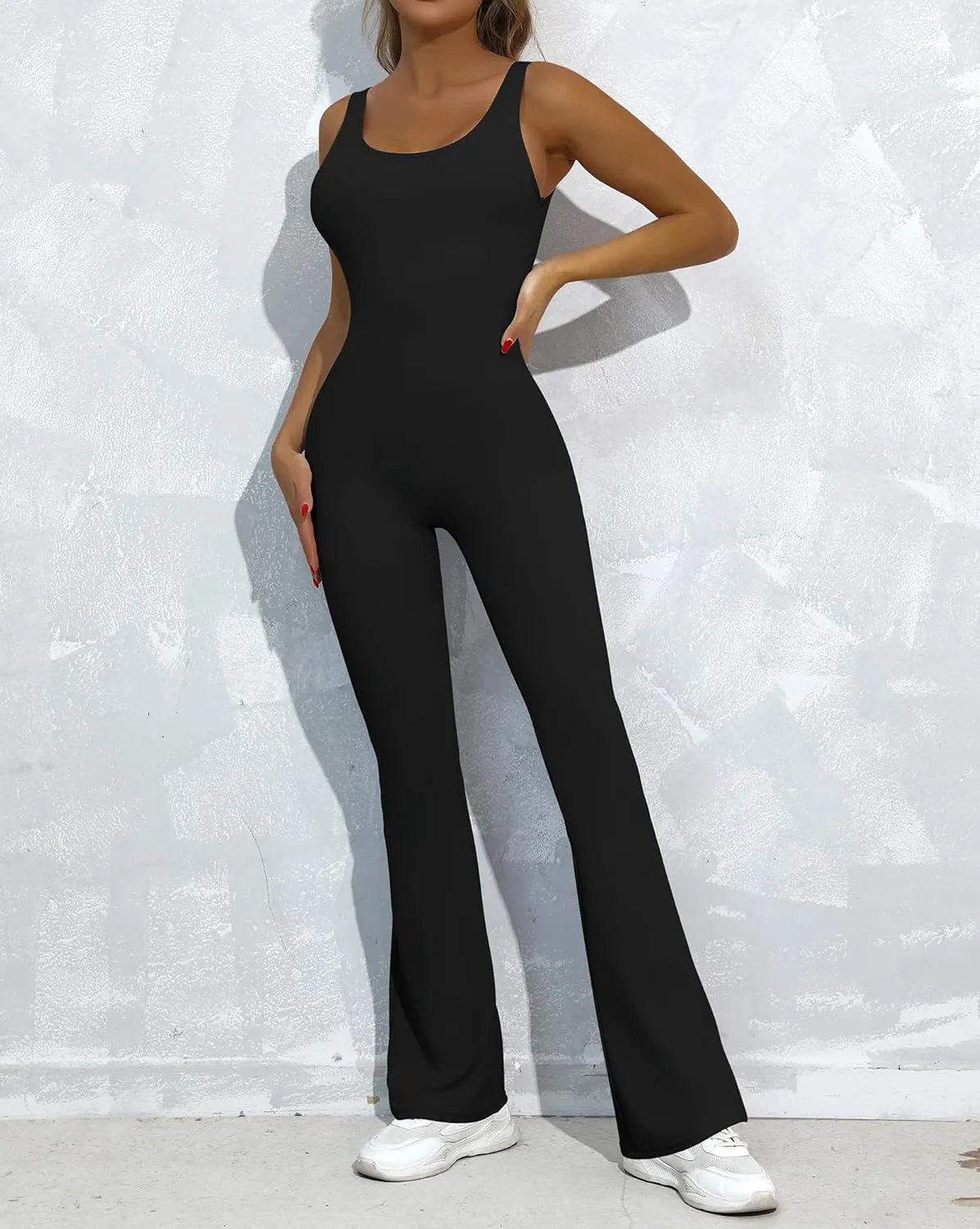 OVESPORT Workout Flare Jumpsuits Women Sexy Scrunch Butt Yoga Romper Backless Gym Bodycon V Back Seamless Unitard Playsuit