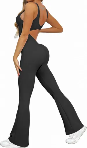 OVESPORT Workout Flare Jumpsuits Women Sexy Scrunch Butt Yoga Romper Backless Gym Bodycon V Back Seamless Unitard Playsuit