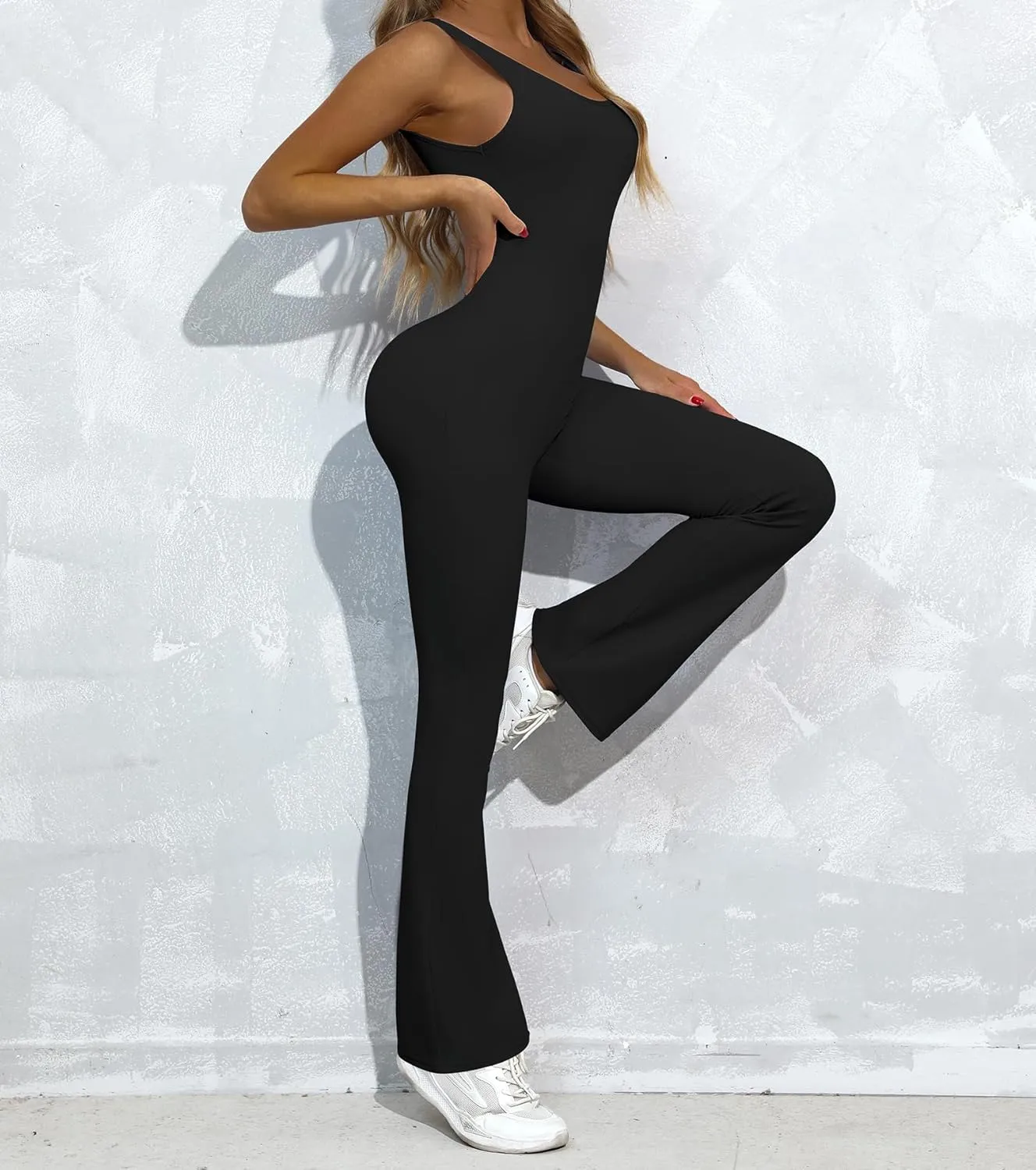 OVESPORT Workout Flare Jumpsuits Women Sexy Scrunch Butt Yoga Romper Backless Gym Bodycon V Back Seamless Unitard Playsuit