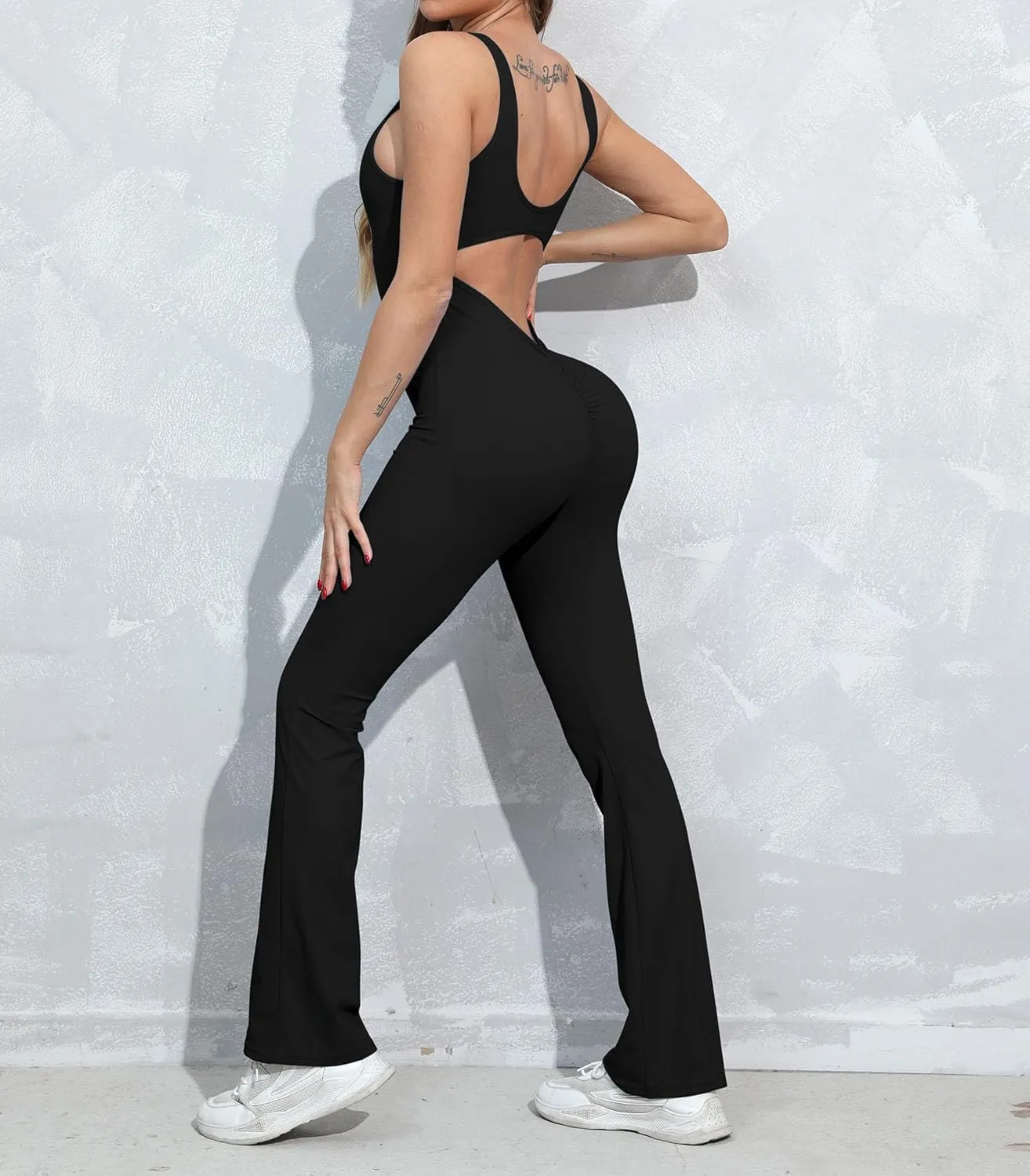 OVESPORT Workout Flare Jumpsuits Women Sexy Scrunch Butt Yoga Romper Backless Gym Bodycon V Back Seamless Unitard Playsuit