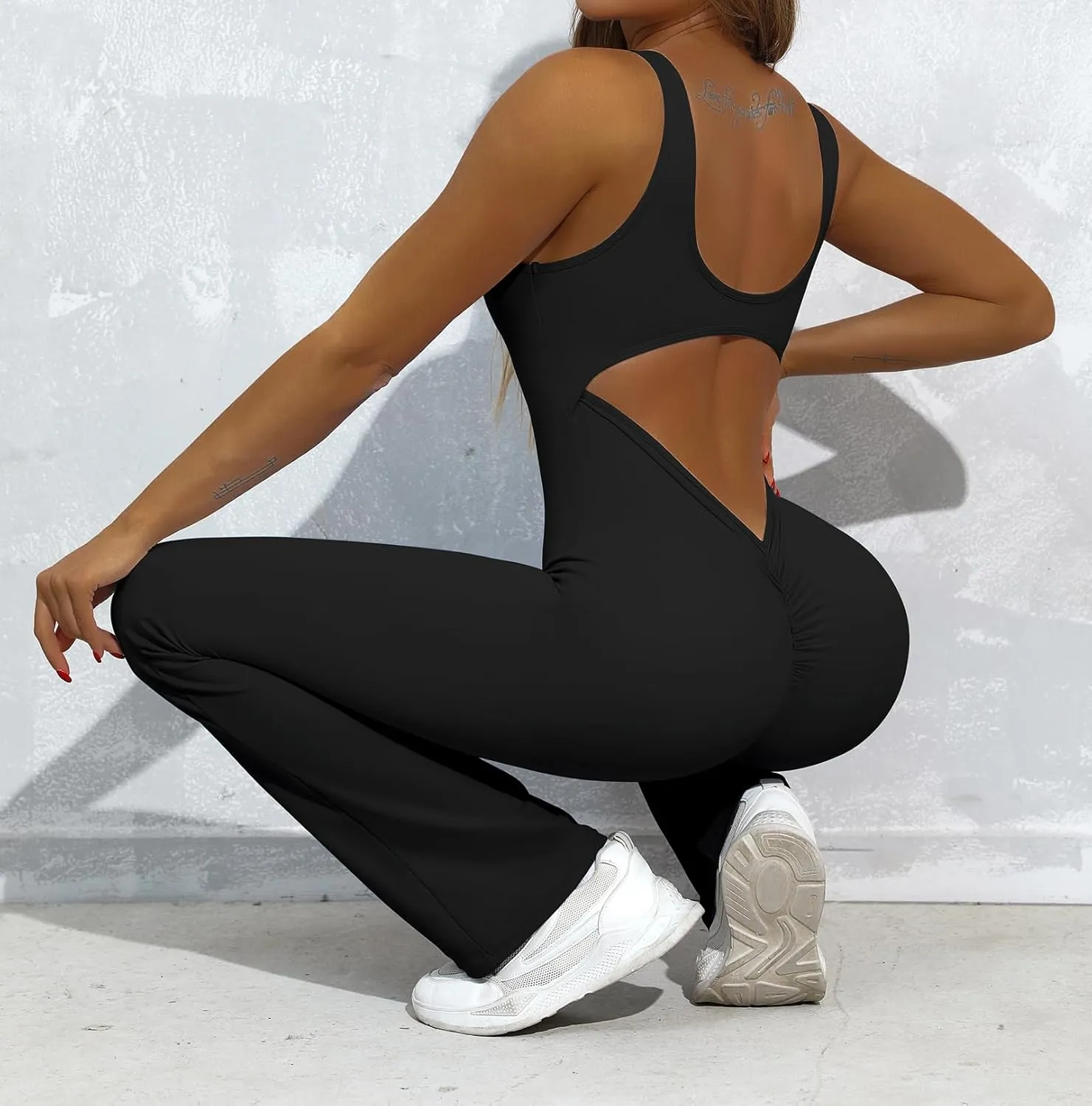 OVESPORT Workout Flare Jumpsuits Women Sexy Scrunch Butt Yoga Romper Backless Gym Bodycon V Back Seamless Unitard Playsuit