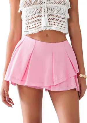 Owl's-Yard Women's Summer Mini Skort Solid Color Mid-Rise Asymmetrical Ruffle Skirt with Lined Shorts