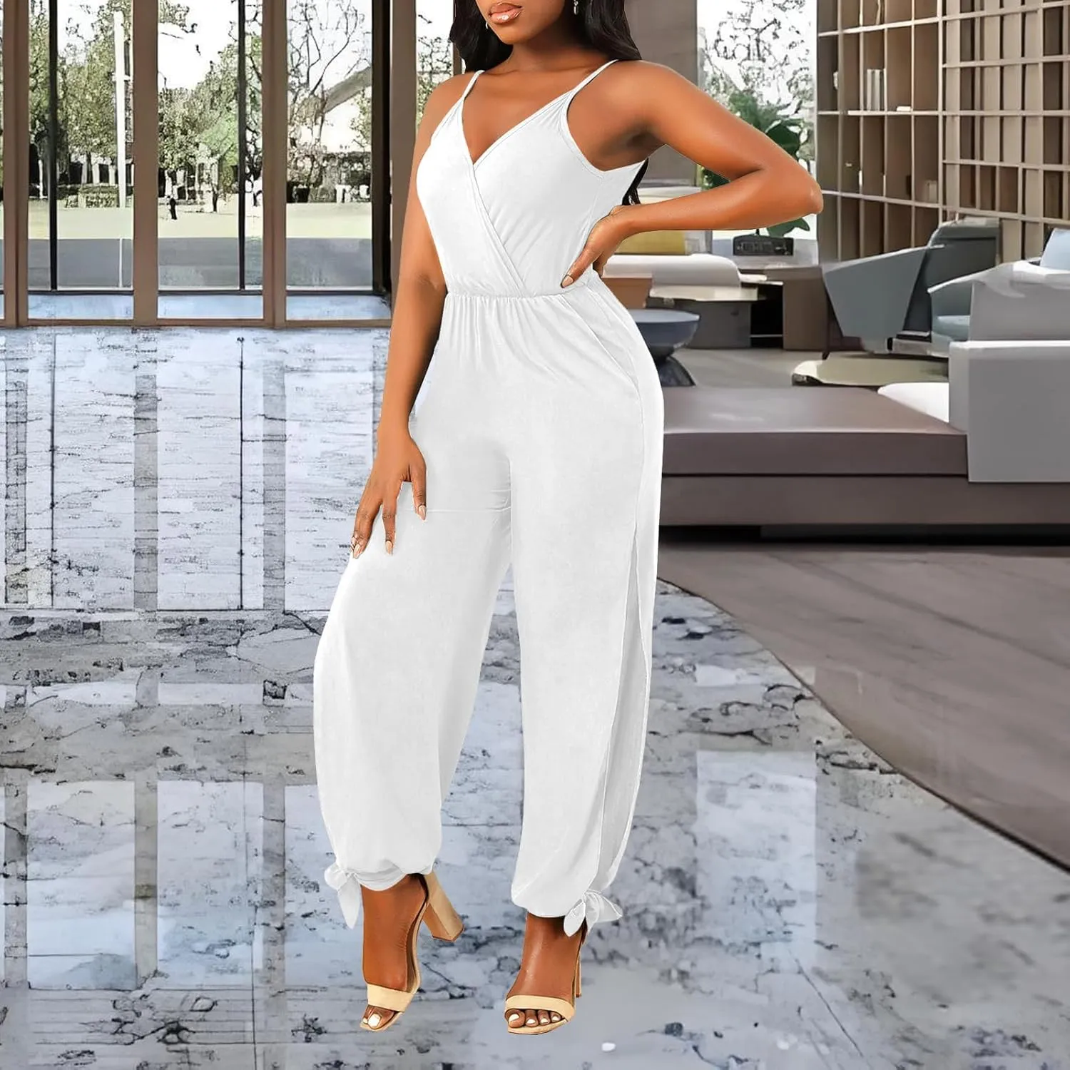 PaladMom Women's V Neck Sleeveless Jumpsuits Casual Loose Adjustable Spaghetti Strap Split Long Romper with Pockets