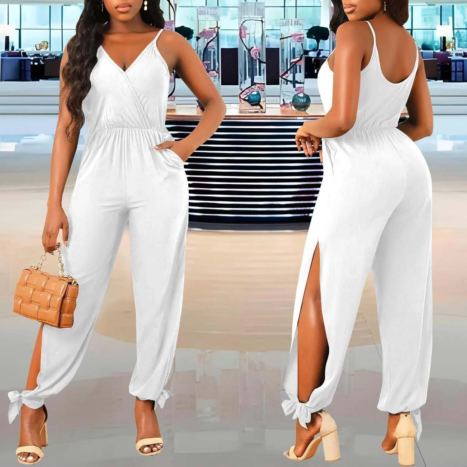 PaladMom Women's V Neck Sleeveless Jumpsuits Casual Loose Adjustable Spaghetti Strap Split Long Romper with Pockets
