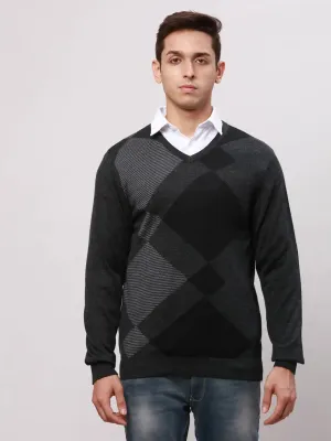 Park Avenue Men Black Regular Fit Argyle Cotton Full Sleeve V Neck Collar Pullovers