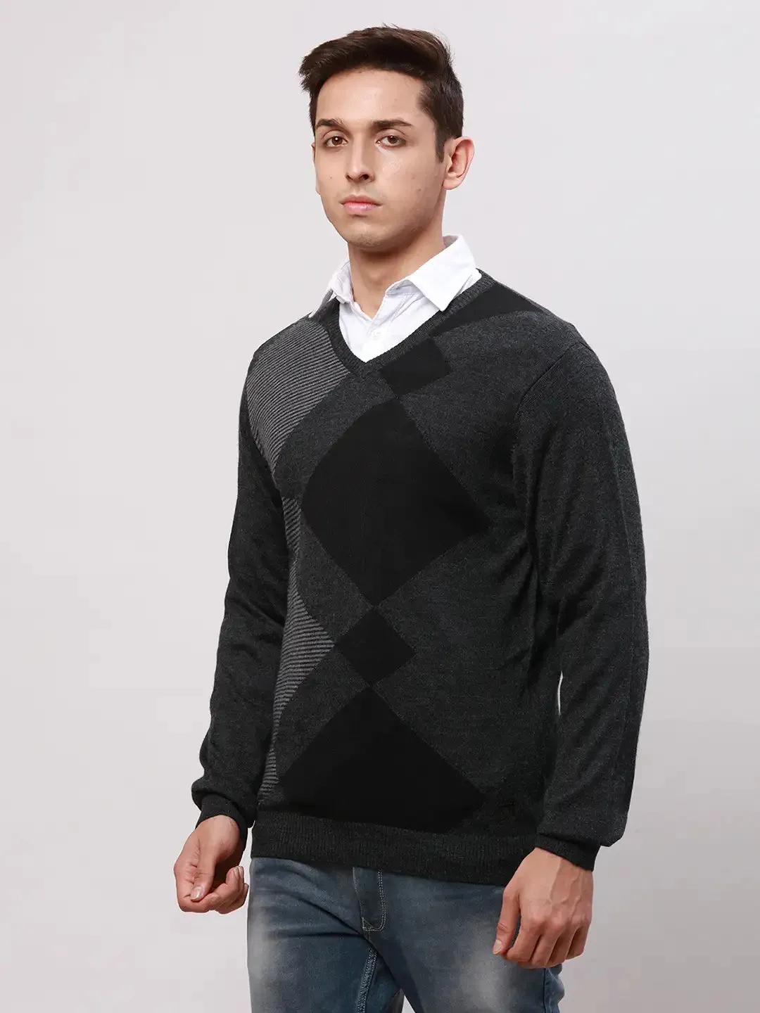 Park Avenue Men Black Regular Fit Argyle Cotton Full Sleeve V Neck Collar Pullovers
