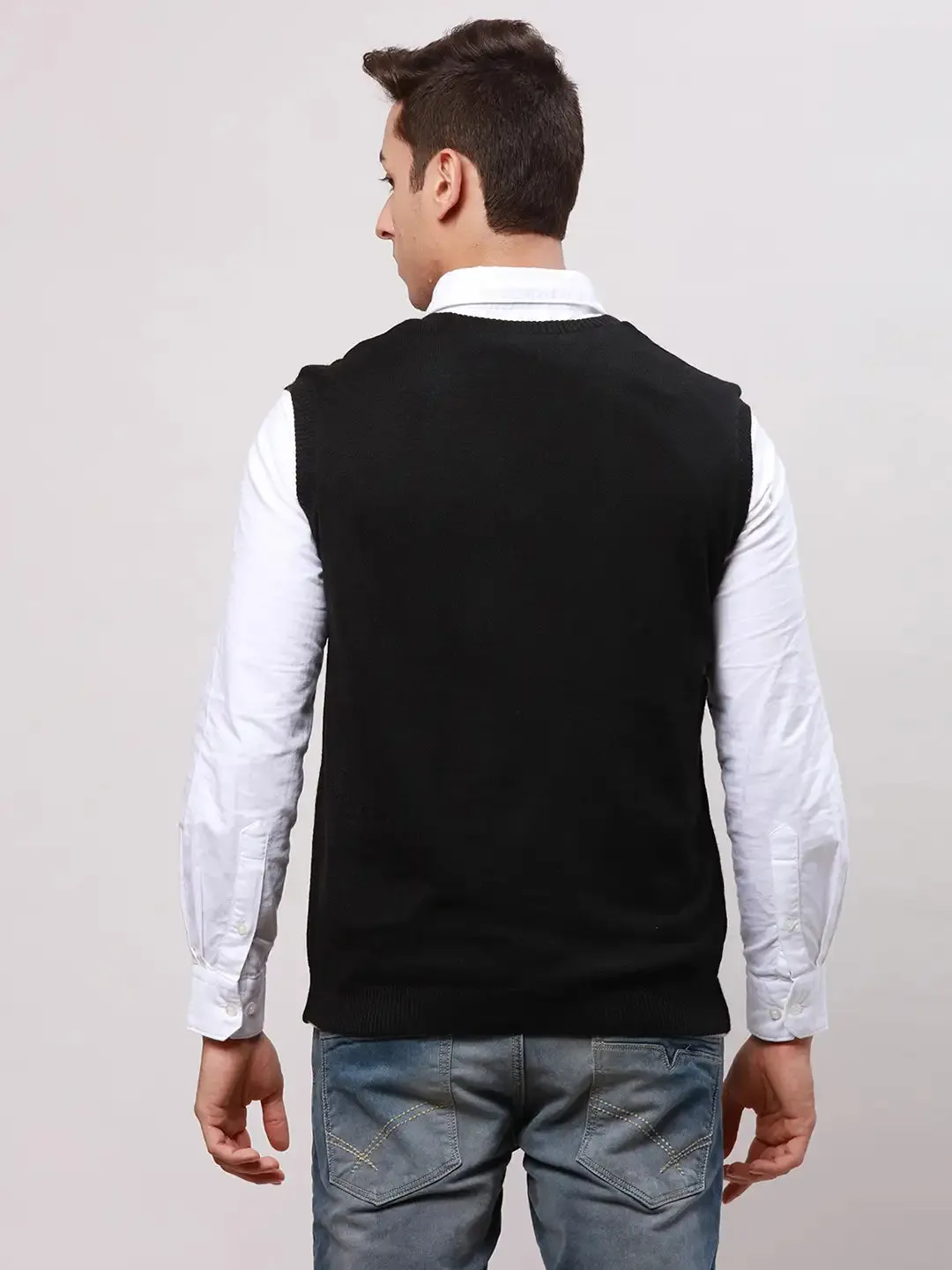 Park Avenue Men Black Regular Fit Solid Cotton Sleeveless V Neck Collar Pullovers