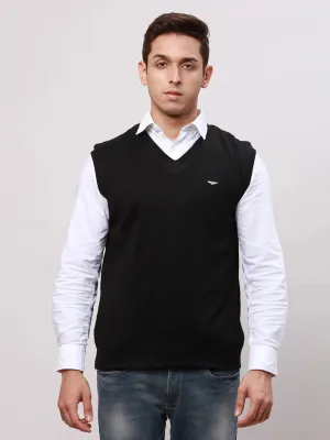 Park Avenue Men Black Regular Fit Solid Cotton Sleeveless V Neck Collar Pullovers