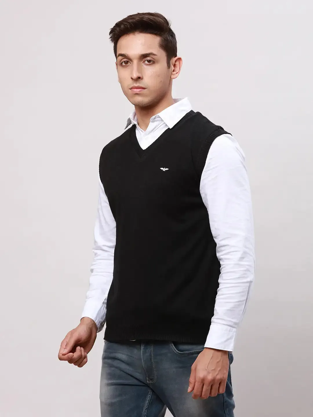 Park Avenue Men Black Regular Fit Solid Cotton Sleeveless V Neck Collar Pullovers