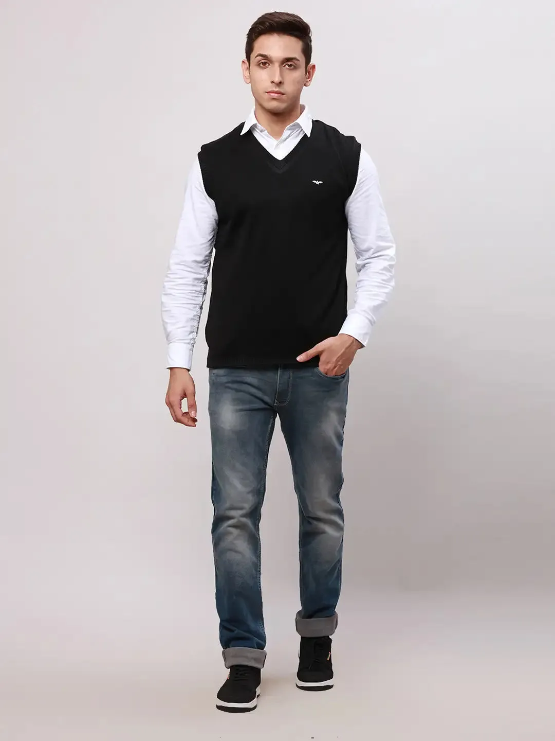 Park Avenue Men Black Regular Fit Solid Cotton Sleeveless V Neck Collar Pullovers