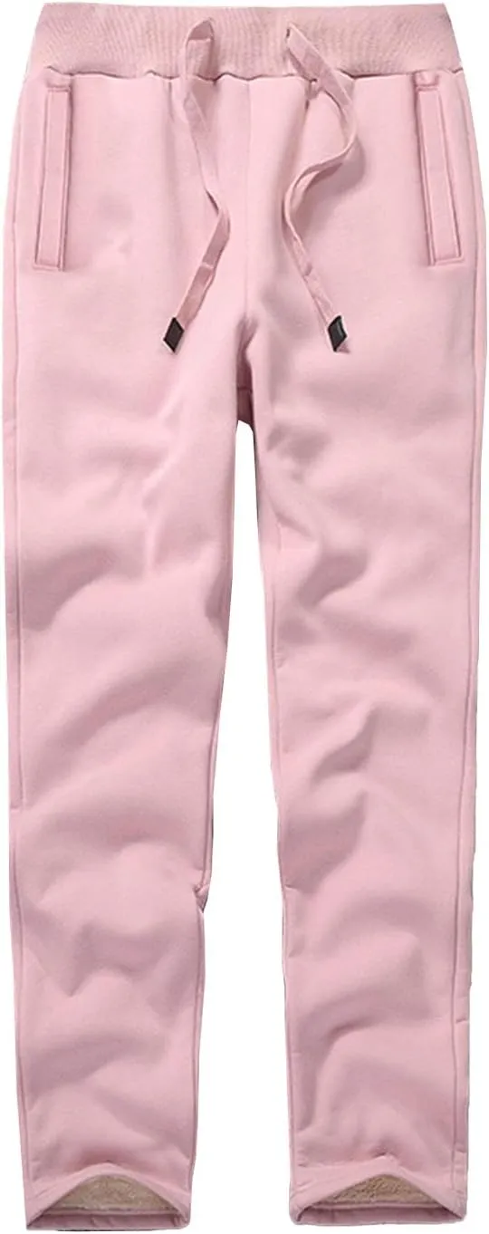 PEHMEA Women's Warm Fleece Joggers Pants Workout Athletic Winter Sherpa Lined Sweatpants(02 Pink-L)