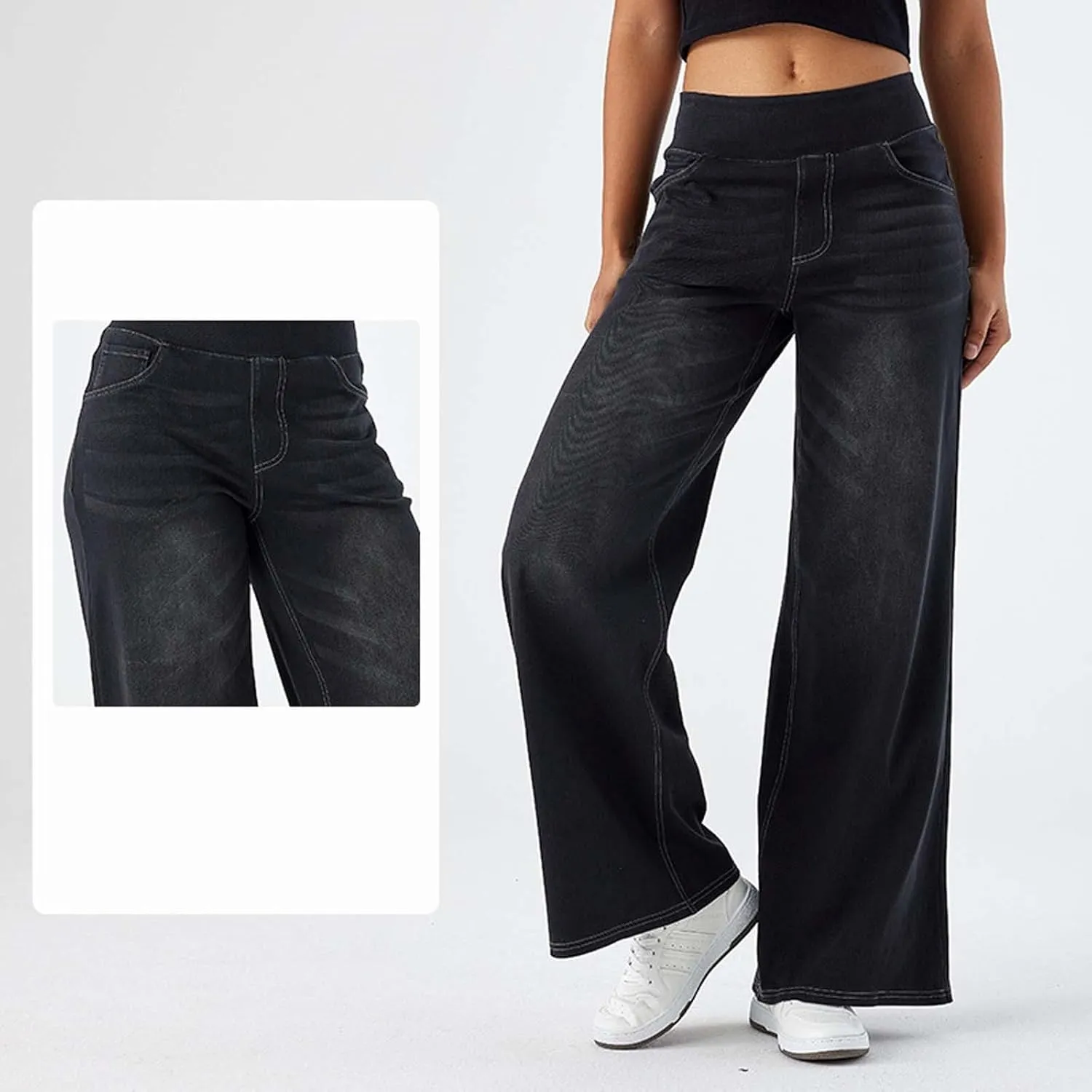 Photno Womens Elastic Waist Jeans Stretch Retro Wide Leg Loose Trousers Casual High Waisted Baggy Denim Pants with Pockets