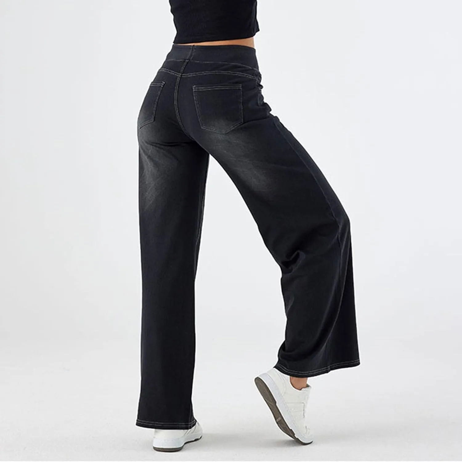 Photno Womens Elastic Waist Jeans Stretch Retro Wide Leg Loose Trousers Casual High Waisted Baggy Denim Pants with Pockets