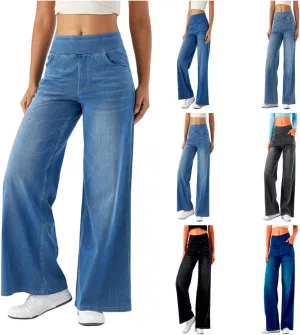 Photno Womens Elastic Waist Jeans Stretch Retro Wide Leg Loose Trousers Casual High Waisted Baggy Denim Pants with Pockets