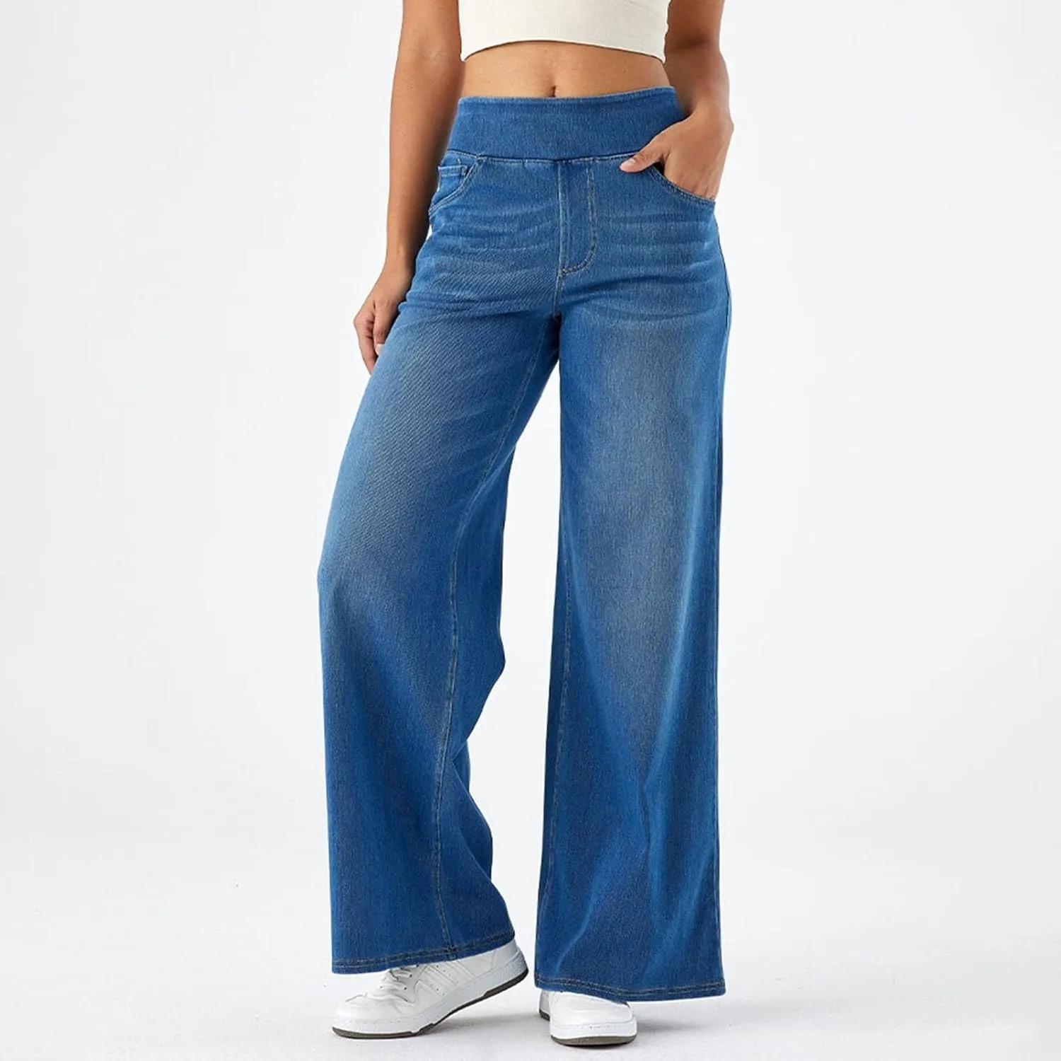 Photno Womens Elastic Waist Jeans Stretch Retro Wide Leg Loose Trousers Casual High Waisted Baggy Denim Pants with Pockets