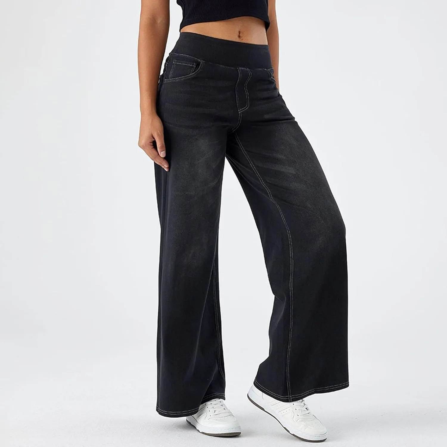 Photno Womens Elastic Waist Jeans Stretch Retro Wide Leg Loose Trousers Casual High Waisted Baggy Denim Pants with Pockets