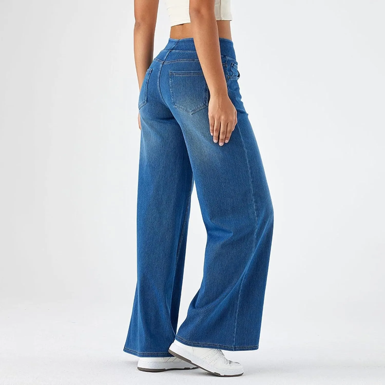 Photno Womens Elastic Waist Jeans Stretch Retro Wide Leg Loose Trousers Casual High Waisted Baggy Denim Pants with Pockets