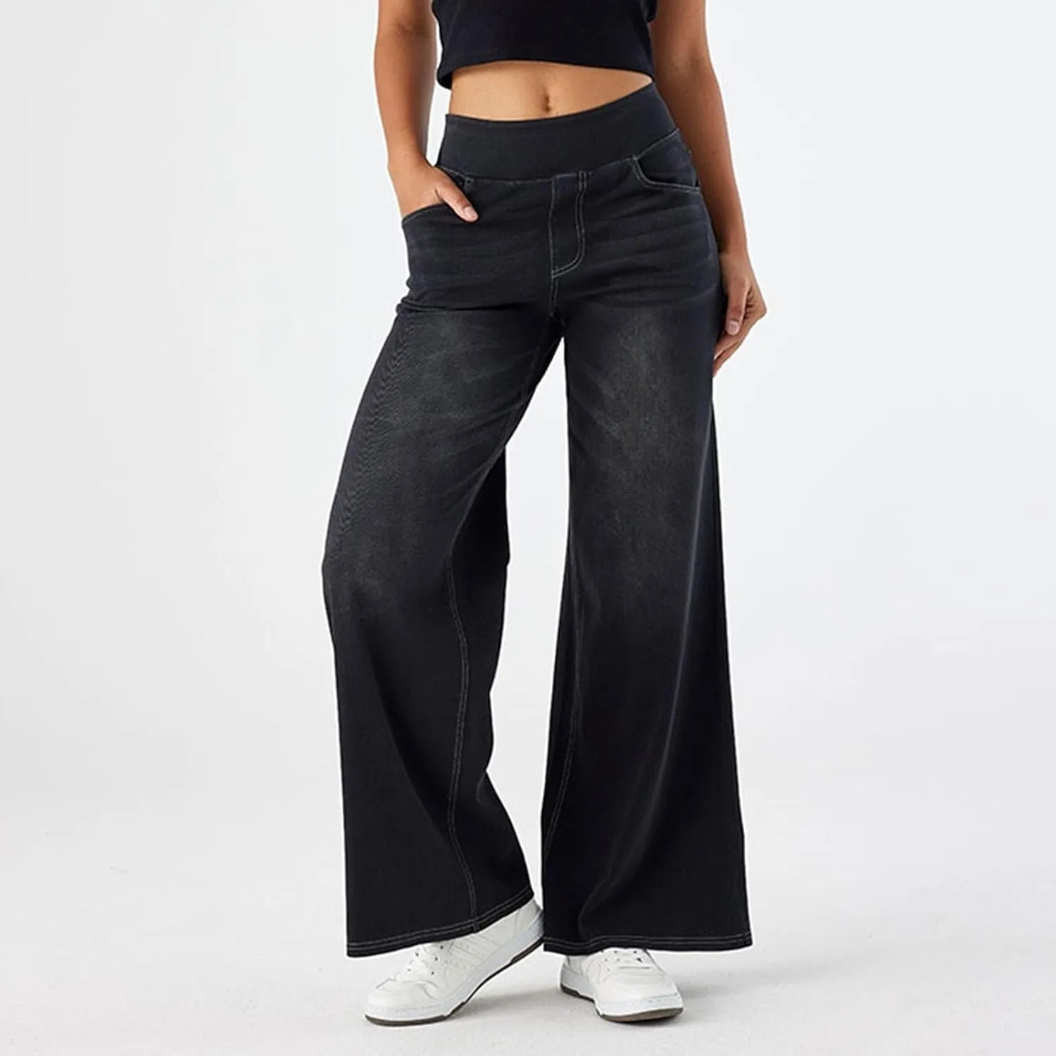 Photno Womens Elastic Waist Jeans Stretch Retro Wide Leg Loose Trousers Casual High Waisted Baggy Denim Pants with Pockets