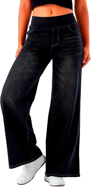 Photno Womens Elastic Waist Jeans Stretch Retro Wide Leg Loose Trousers Casual High Waisted Baggy Denim Pants with Pockets