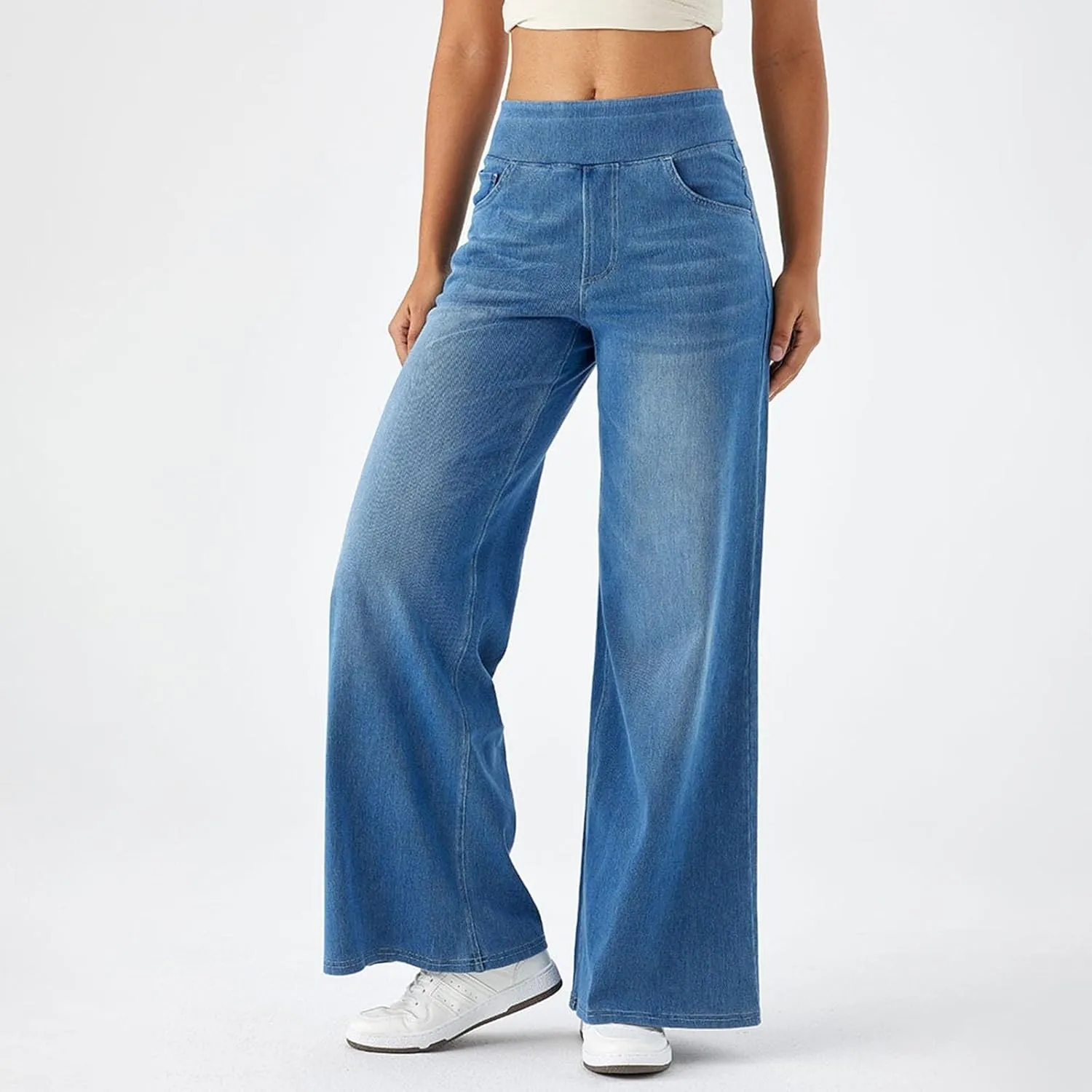 Photno Womens Elastic Waist Jeans Stretch Retro Wide Leg Loose Trousers Casual High Waisted Baggy Denim Pants with Pockets