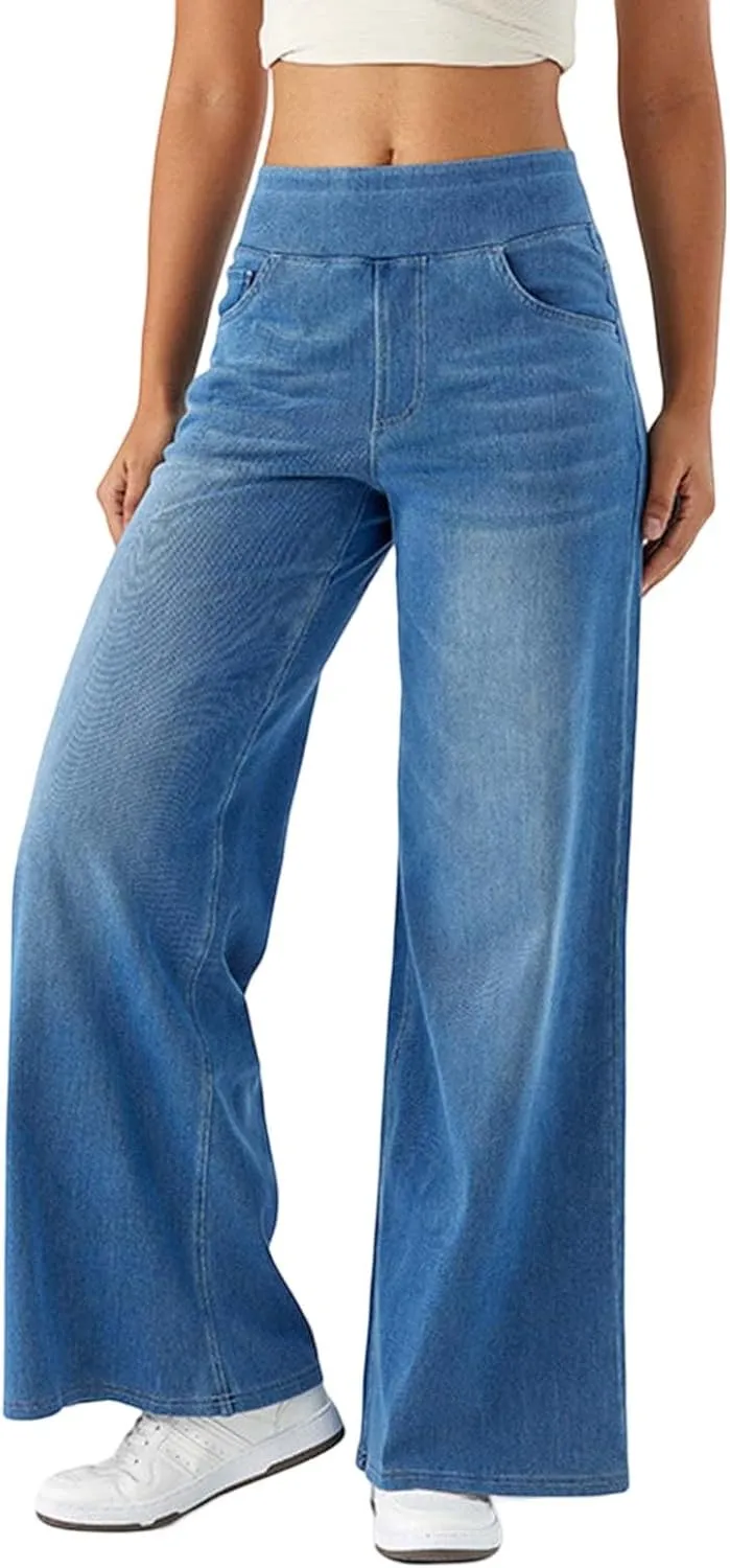 Photno Womens Elastic Waist Jeans Stretch Retro Wide Leg Loose Trousers Casual High Waisted Baggy Denim Pants with Pockets
