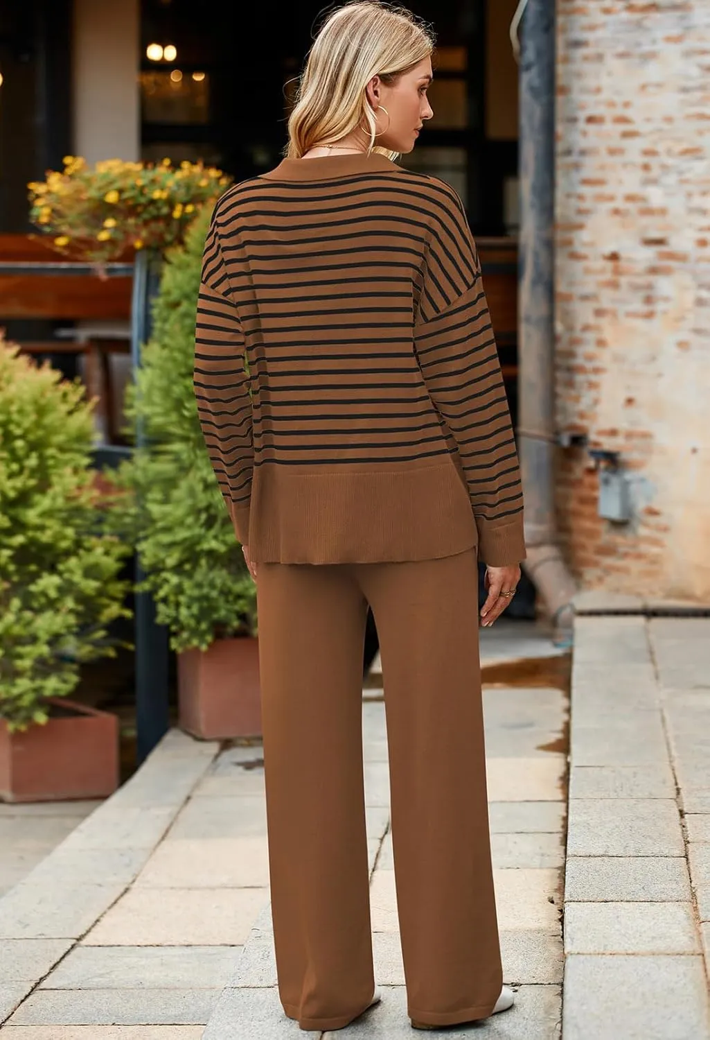 Pink Queen Sweater Sets for Women 2 Piece Long Sleeve Collar V Neck Sweatsuit Knitted Stripe Pajamas