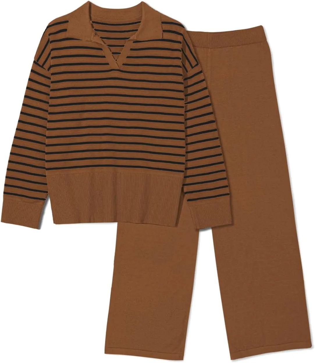 Pink Queen Sweater Sets for Women 2 Piece Long Sleeve Collar V Neck Sweatsuit Knitted Stripe Pajamas