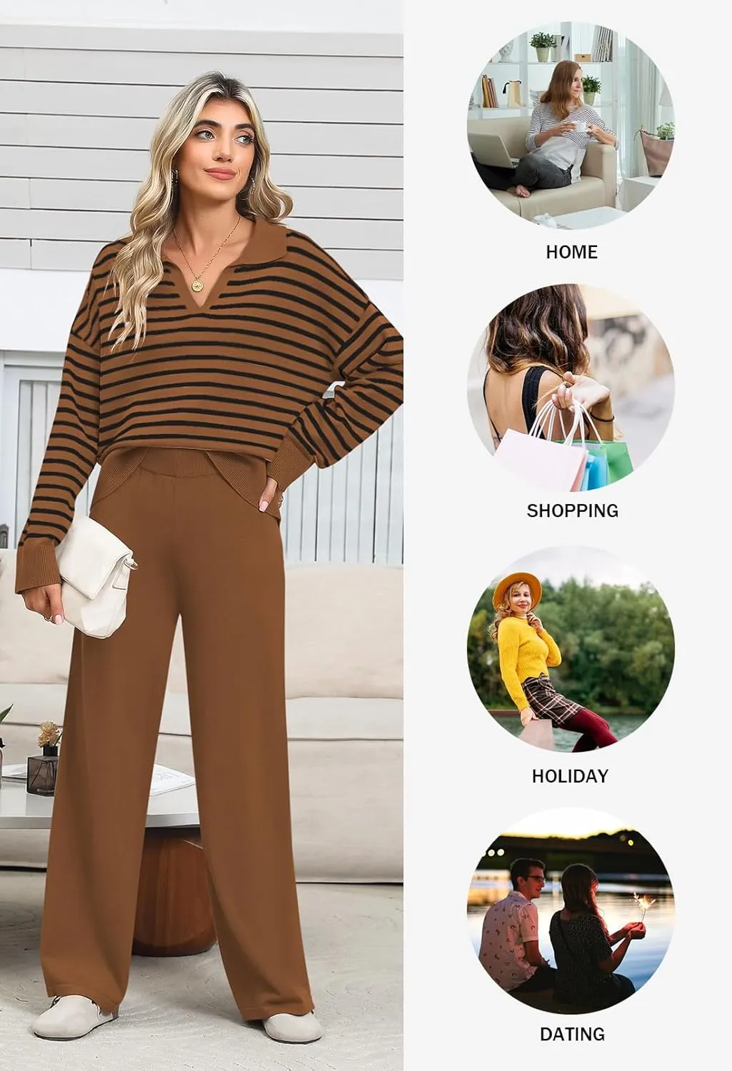 Pink Queen Sweater Sets for Women 2 Piece Long Sleeve Collar V Neck Sweatsuit Knitted Stripe Pajamas