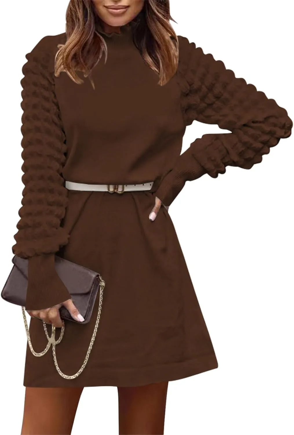 Pink Queen Women's Long Sleeve Sweater Mini Dress Casual Loose Mock Neck Empire Waist Cocktail Party Knit Short Dresses