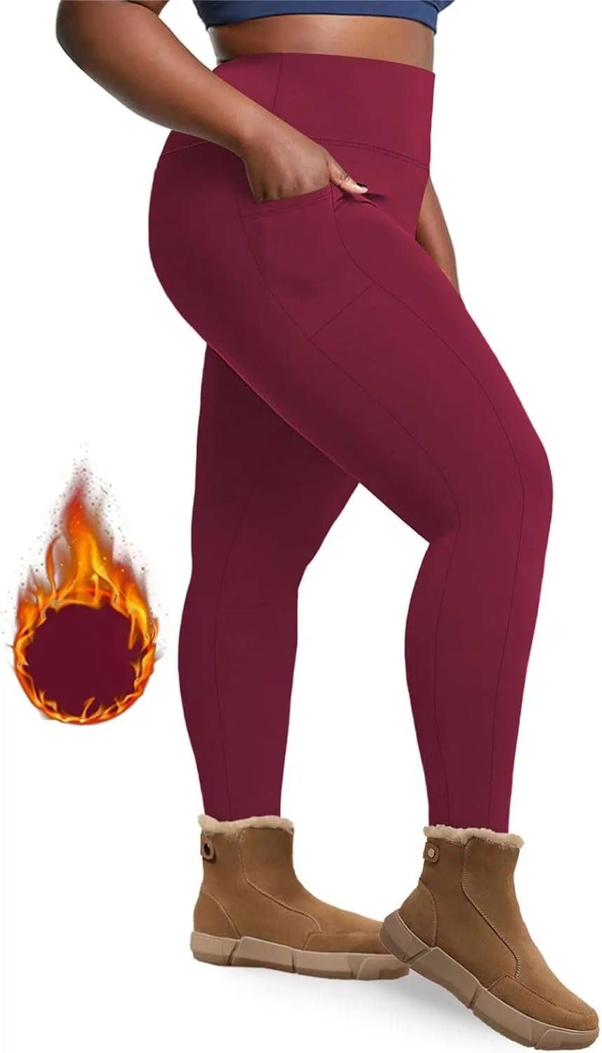 Plus Size Leggings Fleece Lined for Women Thermal Winter Tummy Control Pants Workout Running Yoga Pants with Pockets