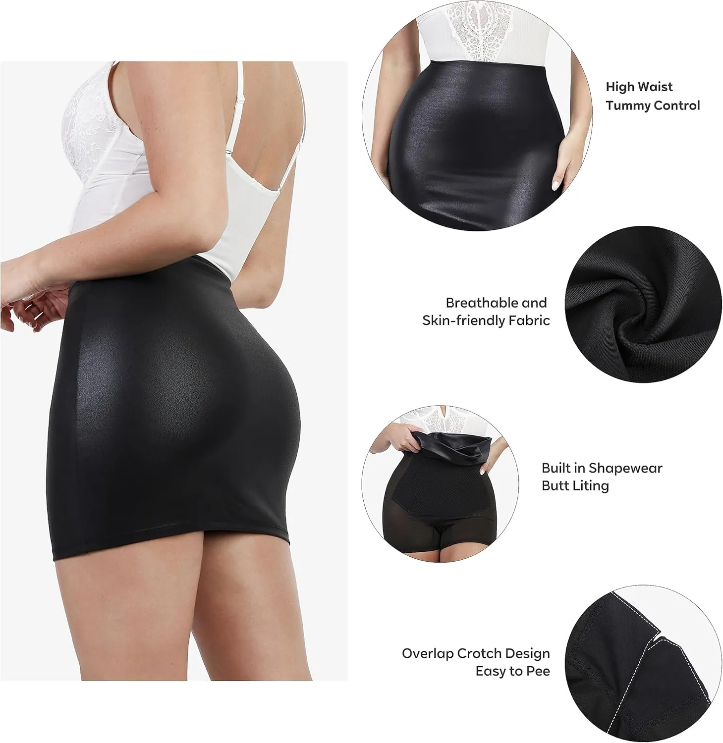 Popilush Shapewear Faux Leather Skirts with Built in Shapewear Tummy Control High Waist Mini Skirt with Shaper for Women