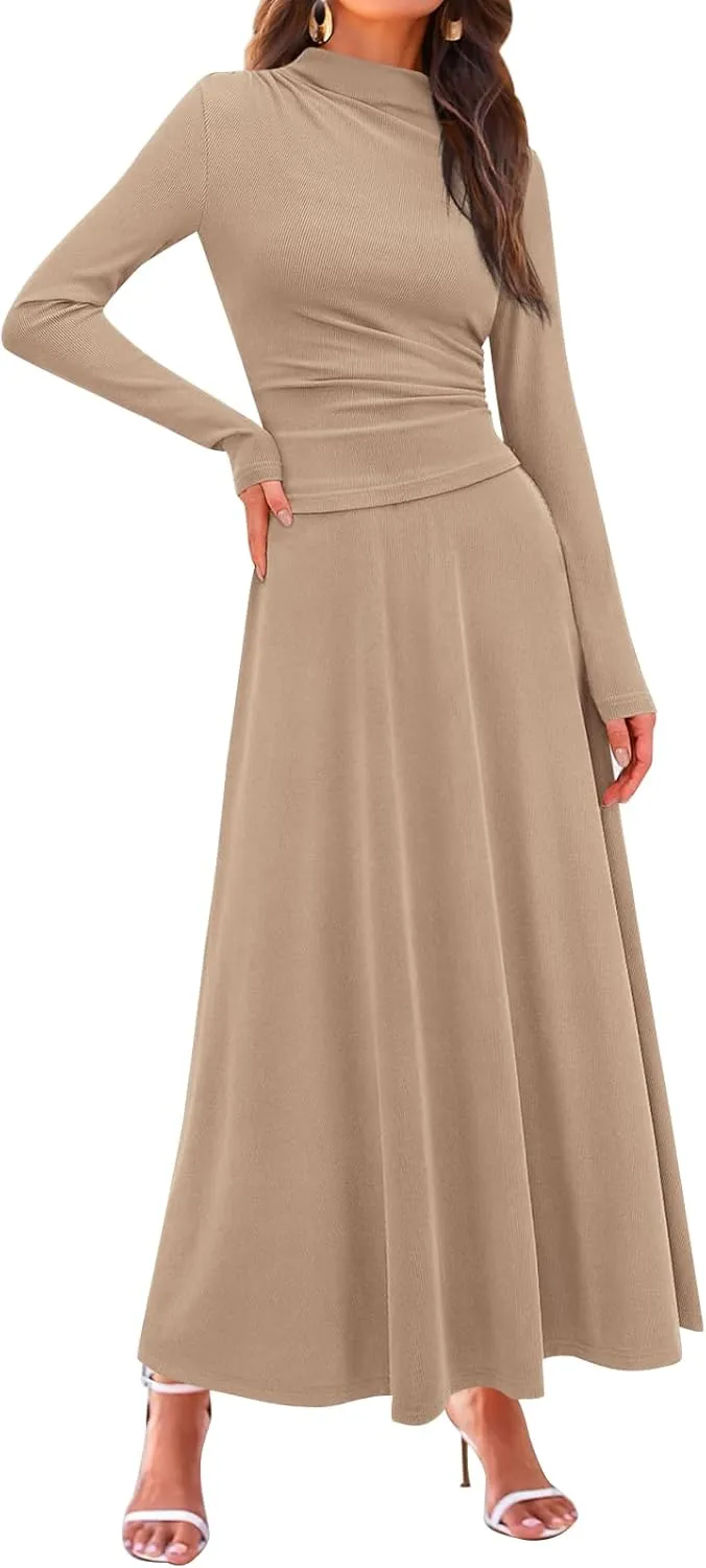 PRETTYGARDEN Long Sleeve Two Piece Skirt Sets Women 2 Piece Outfits Casual Ribbed Knit Mock Neck Ruched Top Swing Maxi Skirts