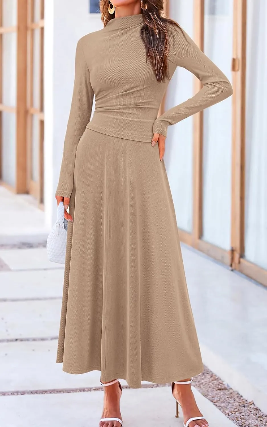 PRETTYGARDEN Long Sleeve Two Piece Skirt Sets Women 2 Piece Outfits Casual Ribbed Knit Mock Neck Ruched Top Swing Maxi Skirts