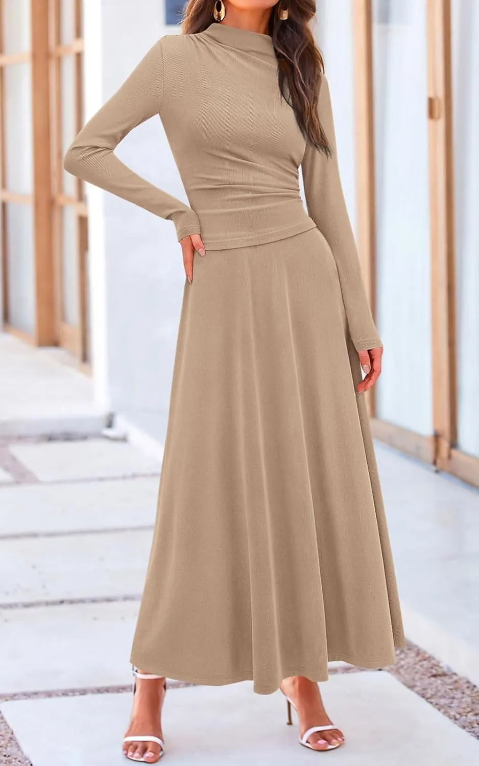PRETTYGARDEN Long Sleeve Two Piece Skirt Sets Women 2 Piece Outfits Casual Ribbed Knit Mock Neck Ruched Top Swing Maxi Skirts