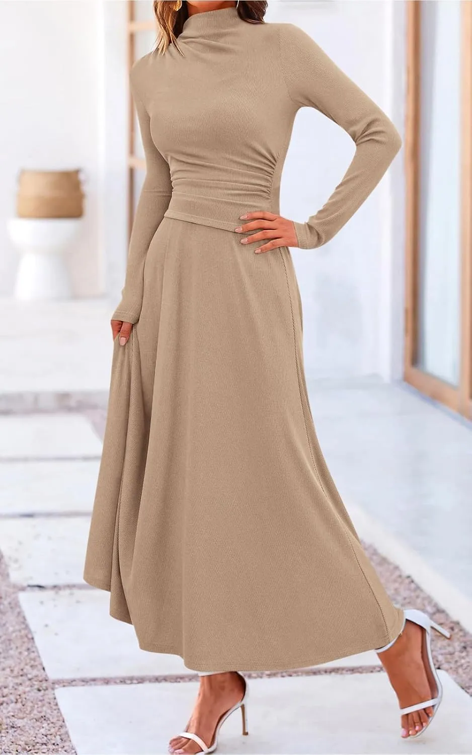 PRETTYGARDEN Long Sleeve Two Piece Skirt Sets Women 2 Piece Outfits Casual Ribbed Knit Mock Neck Ruched Top Swing Maxi Skirts