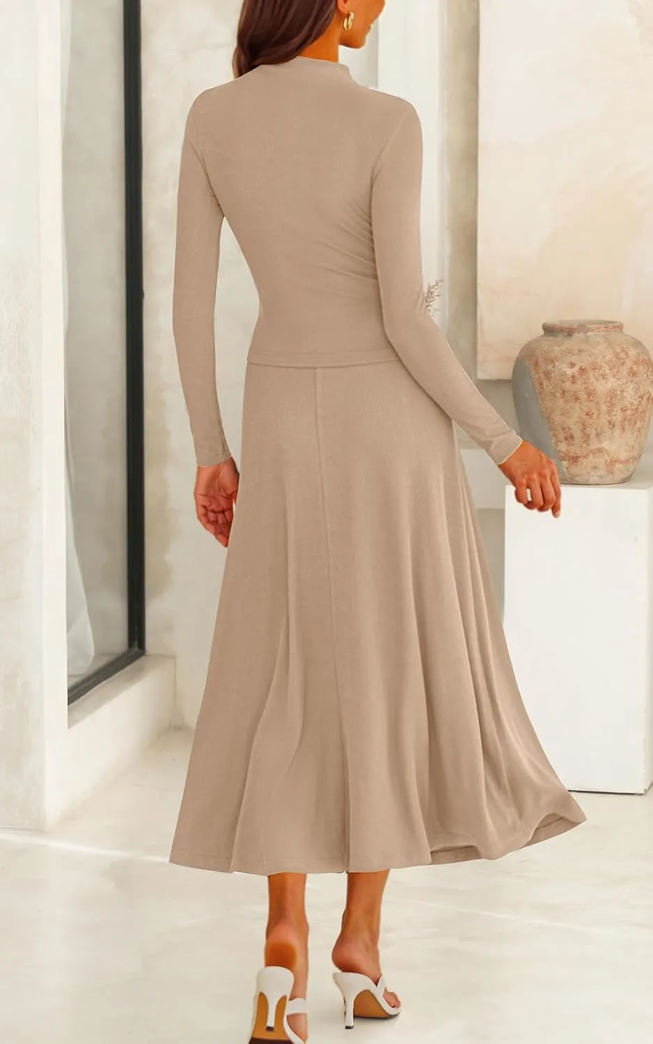 PRETTYGARDEN Long Sleeve Two Piece Skirt Sets Women 2 Piece Outfits Casual Ribbed Knit Mock Neck Ruched Top Swing Maxi Skirts