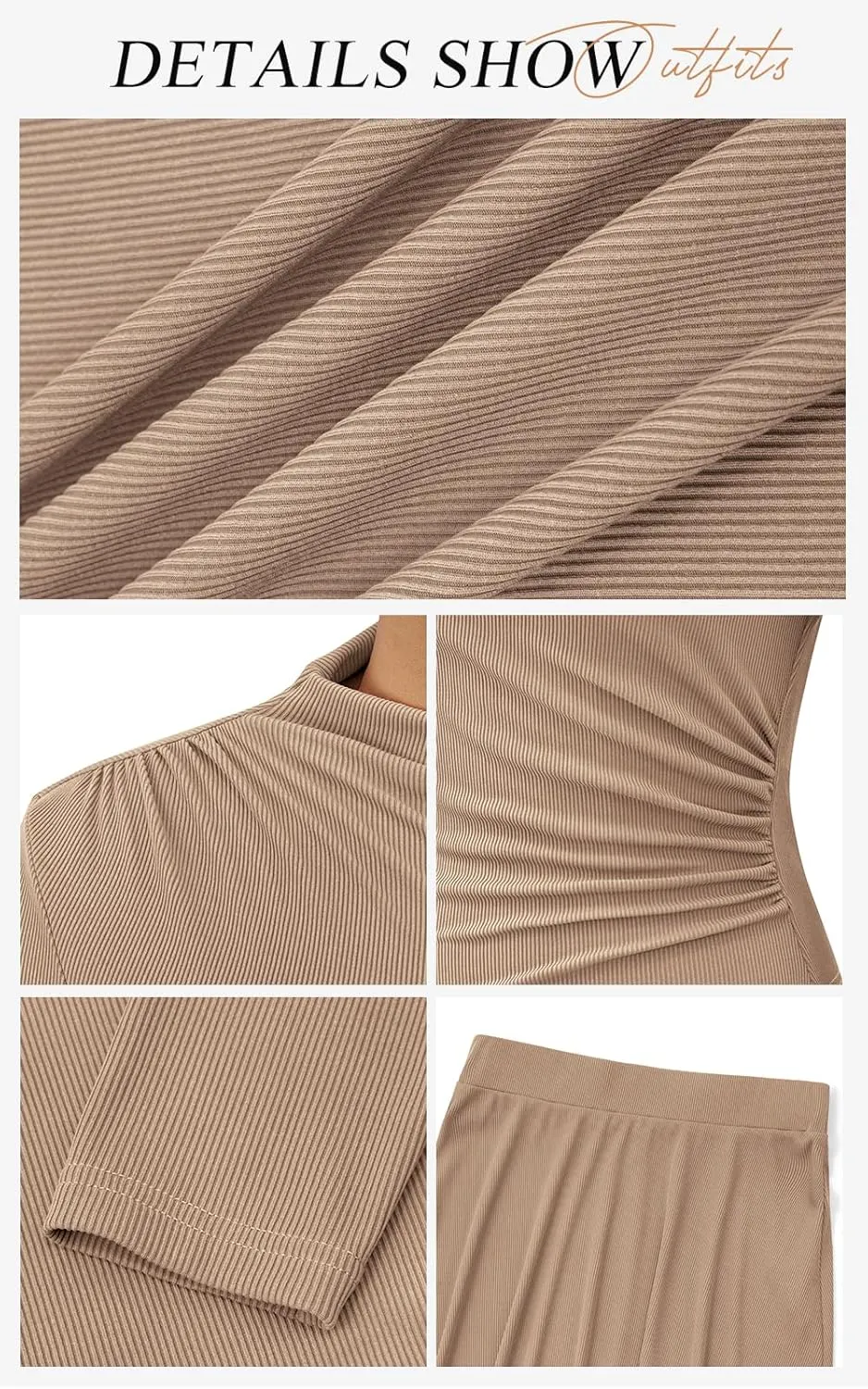 PRETTYGARDEN Long Sleeve Two Piece Skirt Sets Women 2 Piece Outfits Casual Ribbed Knit Mock Neck Ruched Top Swing Maxi Skirts
