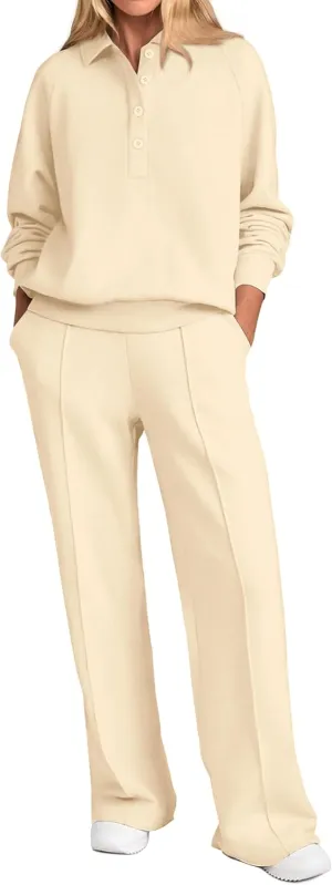 PRETTYGARDEN Women Fall 2 Piece Outfits Sweatsuits Quarter Button Long Sleeve Sweatshirt Wide Leg Pants Tracksuit Lounge Sets
