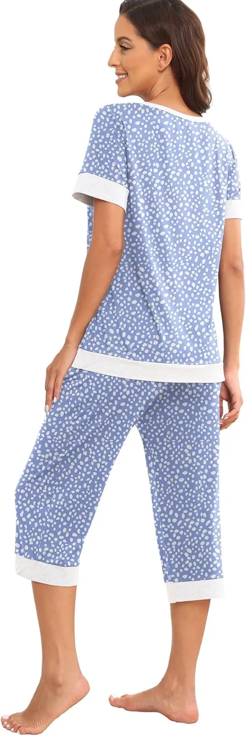 PrinStory Women's Pajama Set Short Sleeve Shirt and Capri Pants Sleepwear Pjs Sets Lounge Set