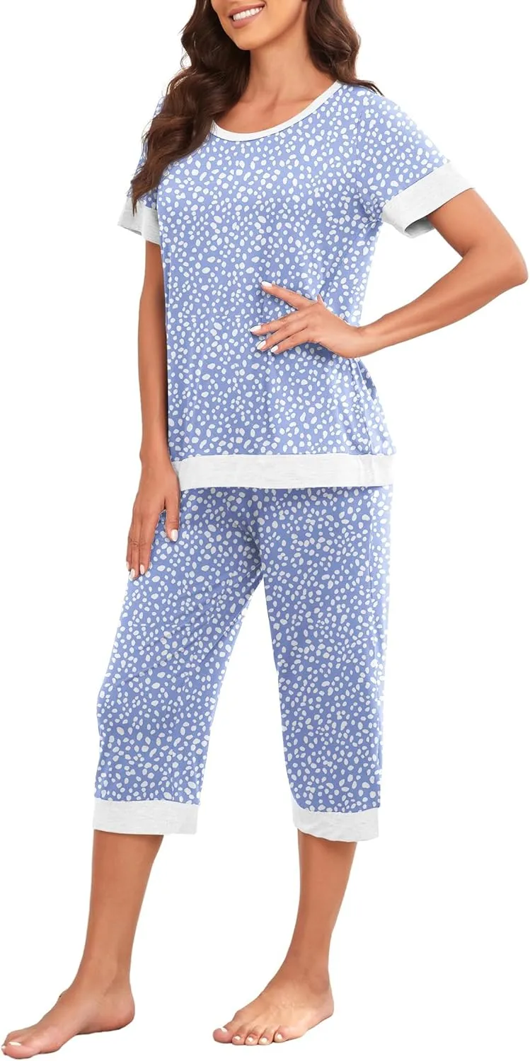 PrinStory Women's Pajama Set Short Sleeve Shirt and Capri Pants Sleepwear Pjs Sets Lounge Set