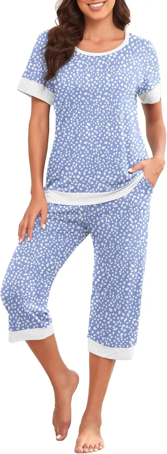 PrinStory Women's Pajama Set Short Sleeve Shirt and Capri Pants Sleepwear Pjs Sets Lounge Set