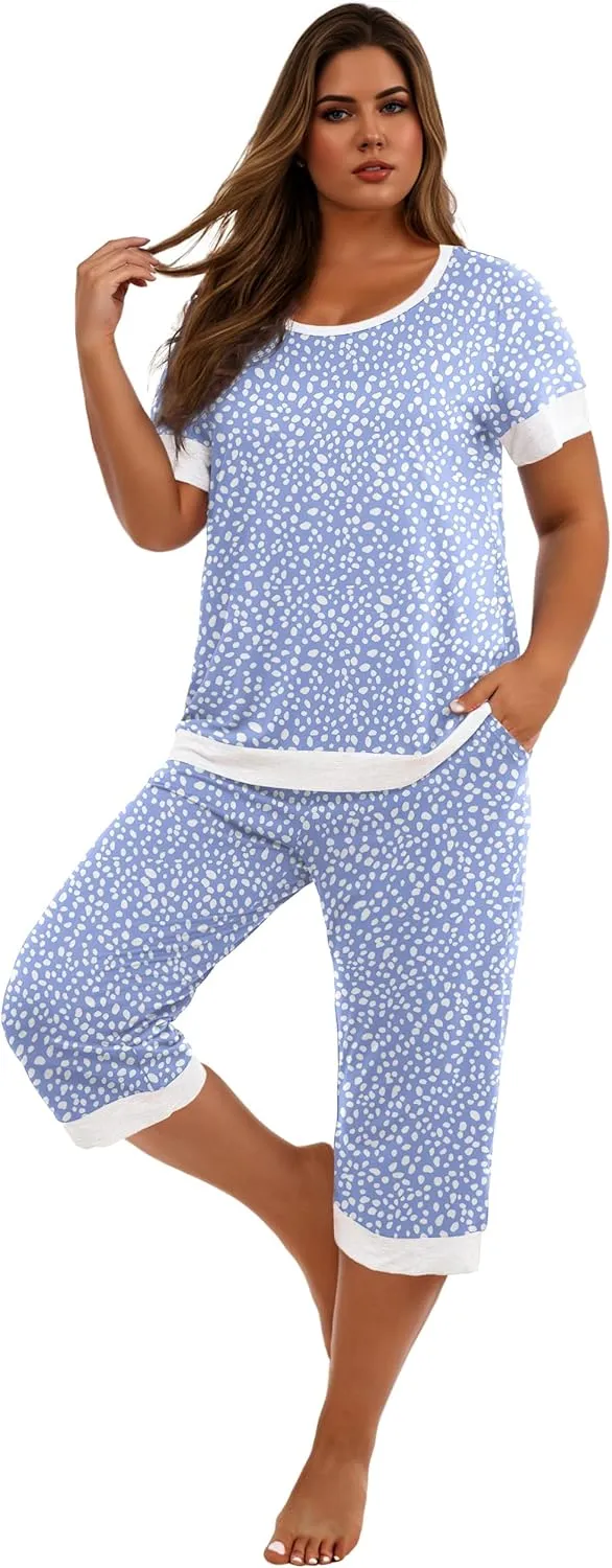 PrinStory Women's Pajama Set Short Sleeve Shirt and Capri Pants Sleepwear Pjs Sets Lounge Set